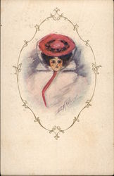 Vignette Portrait of Woman in Red Hat Women Postcard Postcard