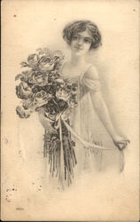 Portrait of Young Woman Holding Roses Women Postcard Postcard