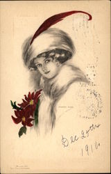 Woman with Red Feather and Poinsettia Women Postcard Postcard