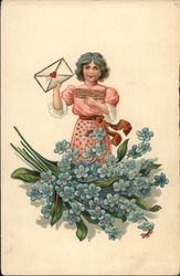 Girl Holding Envelope with Forget-me-nots Postcard