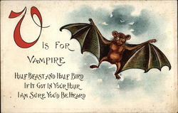 V is for Vampire (Bat), Half Beast and Half Bird, if it Got in Your Hair, I am Sure You'd be Heard Alphabet Letters Postcard Postcard