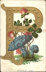 Letter "P" with Four Leaf Clover and Forgetmenots Postcard