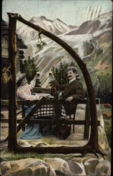 Letter "D" with Couple Dining Outdoors Postcard