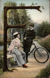 Letter "F" with a Woman, Man, and Bicycle Alphabet Letters Postcard Postcard