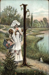 Letter "I" with Young Woman Holding a Basket Postcard