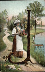 Young Woman Picking Flowers by Lake Postcard