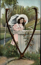 Letter "V" with Girl holding Parasol Alphabet Letters Postcard Postcard