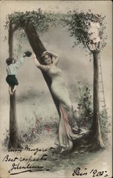 Woman Posing Leaning Against Tree Alphabet Letters Postcard Postcard