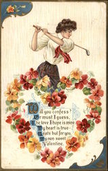 Woman with Golf Club, Heart of Flowers Women Postcard Postcard