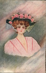 Woman in Pink Dress and Pink Flowered Hat Postcard