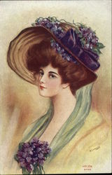 Woman in Large Hat and Violets Women Postcard Postcard