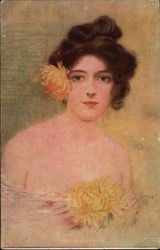 Lady with Yellow Chrysanthemums Postcard