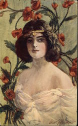 Young Woman with Red Poppies Women Postcard Postcard