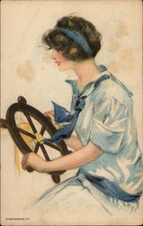 Woman Piloting Boat Postcard