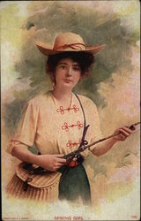 Spring Girl with Fishing Tackle Postcard