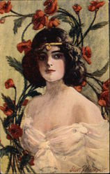 Painting of Woman with Red Poppies Postcard