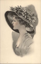 Drawing of Woman in Flowered Hat Women Postcard Postcard