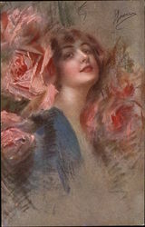 Portrait of Girl with Pink Roses Women Postcard Postcard