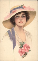 Girl With Hat and Pink Roses Women Postcard Postcard