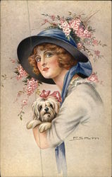 Woman Wearing Hat and Holding Dog Women Postcard Postcard