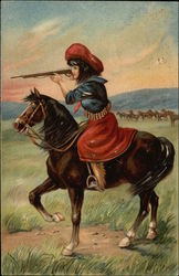 Young Woman Shooting While Riding Horse Postcard