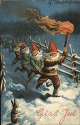 Glad Yule with Elves Lighting the Way Postcard