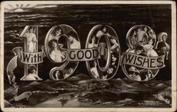 1908 with Good Wishes Faces in Letters Postcard Postcard