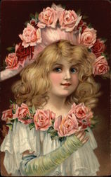 Blonde Girl in White Dress with Roses on Hat and Collar Girls Postcard Postcard