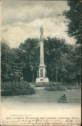 Soldier's Monument and Common Lawrence, MA Postcard Postcard