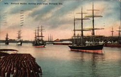 Portland Harbor showing Grain Ships Postcard