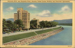 Kanawha Blvd & Kanawha River, showing United Carbon Building & Riverview Apartments Charleston, WV Postcard Postcard