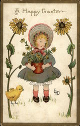 A Happy Easter, With Little Girl Holding Flowerpot Postcard