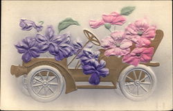 Gold Automobile Filled With Blue and Pink Flowers Postcard