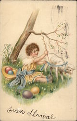 Girl in Yellow Dress With Blue Bow with Easter Eggs and Lamb With Children Postcard Postcard