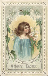 A Happy Easter, With Child in Blue Gown and White Flowers Postcard