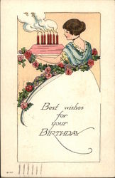 Lady Carries Tray with Cake and Burning Candles Postcard