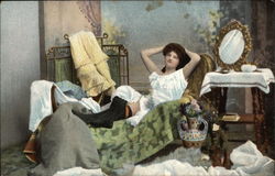 Woman in White Nightgown Lying on Loveseat Women Postcard Postcard