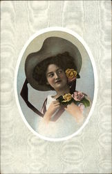 Woman with Large Brown Hat and Roses Postcard