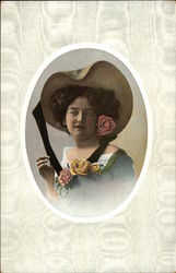 Woman with Brown Hat with Flowers Postcard