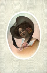 Woman Wearing Hat and Peach Dress with Roses Postcard