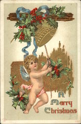 A Merry christmas, With Cherub Tolling a Bell Postcard