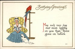 Birthday Greetings, With Lady, Cat, and Parrot Postcard