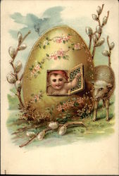 Boy in Easter Egg House with Lamb With Children Postcard Postcard