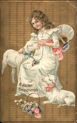 Easter Greetings - Young Girl with Lambs Postcard