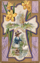 Cross Design With Little Girl and Swan, Plus Daffodils Postcard