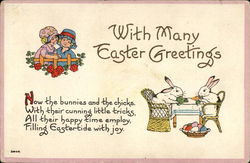 With Many Easter Greetings With Bunnies Postcard Postcard