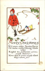 Merry Christmas, With Boy and Sled with Gifts Children Postcard Postcard