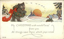 Bear With Christmas Wreath in Snowy Landscape Postcard Postcard