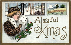 Woman With Muff and Holly, Plus Landscape Scenes Christmas Postcard Postcard