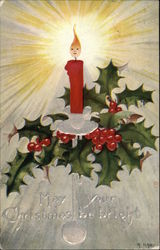 Bright Red Candle and Holly Spray Postcard